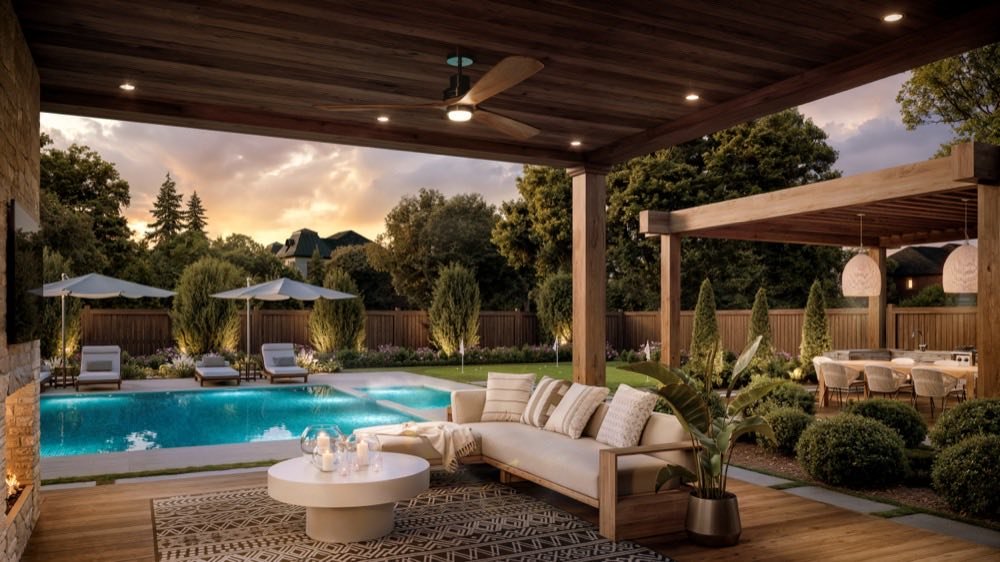 The Wentworth luxury backyard with pool, pergola, and outdoor kitchen at The Legacy Estates