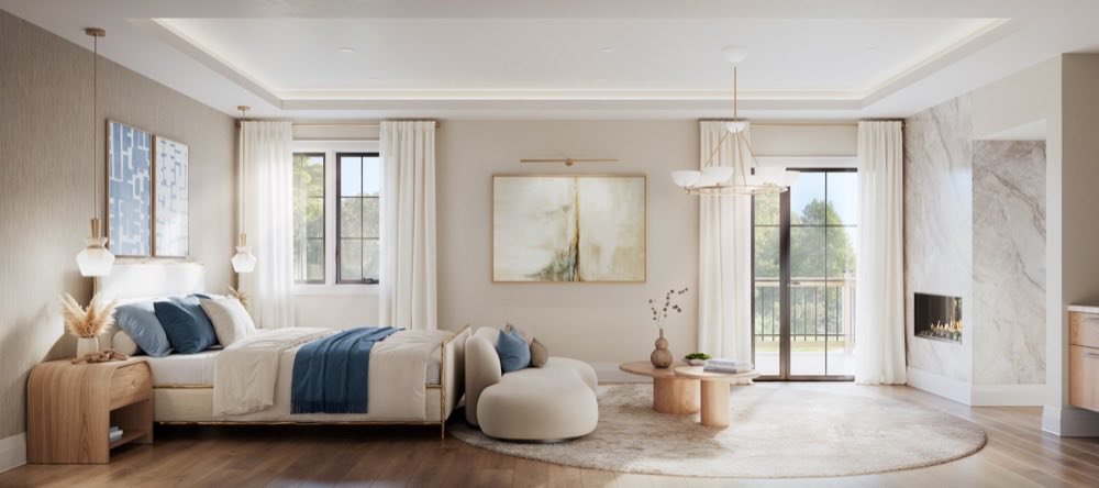 The Wentworth primary bedroom suite with fireplace at The Legacy Estates Burlington