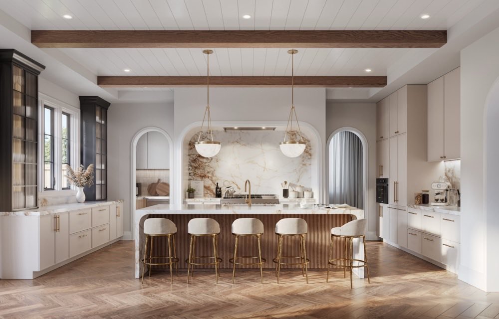 The Monarch gourmet kitchen with marble backsplash and wood beam ceiling at The Legacy Estates